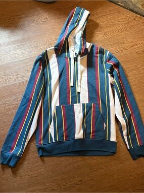 Knickerbocker Striped Hooded Pullover Sweatshirt in Teal, White & Burgundy L